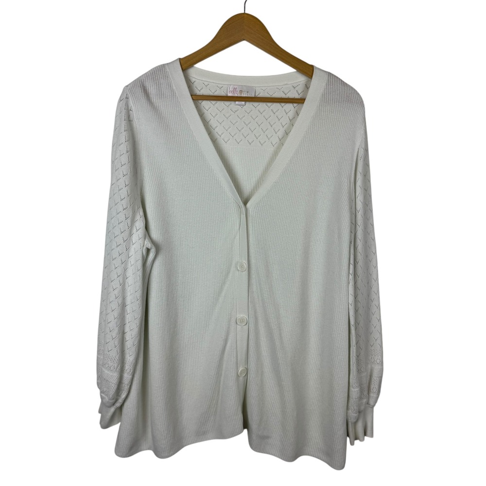 Belle Kim Gravel Womens‎ Cardigan Size XL White Open Knit Button Front Coastal